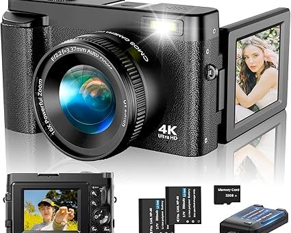 4K Digital Camera for Photography Autofocus, Upgraded 48MP Vlogging Camera for YouTube with SD Card, 3″ 180 Flip Screen Compact Travel Camera with 16X Digital Zoom, Flash, Anti-Shake, 2 Batteries